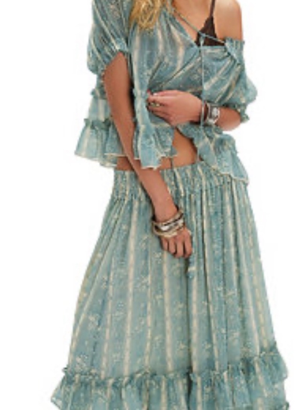 Free People Sage Green Tiered Ruffle Maxi Skirt & Peasant Blouse Set